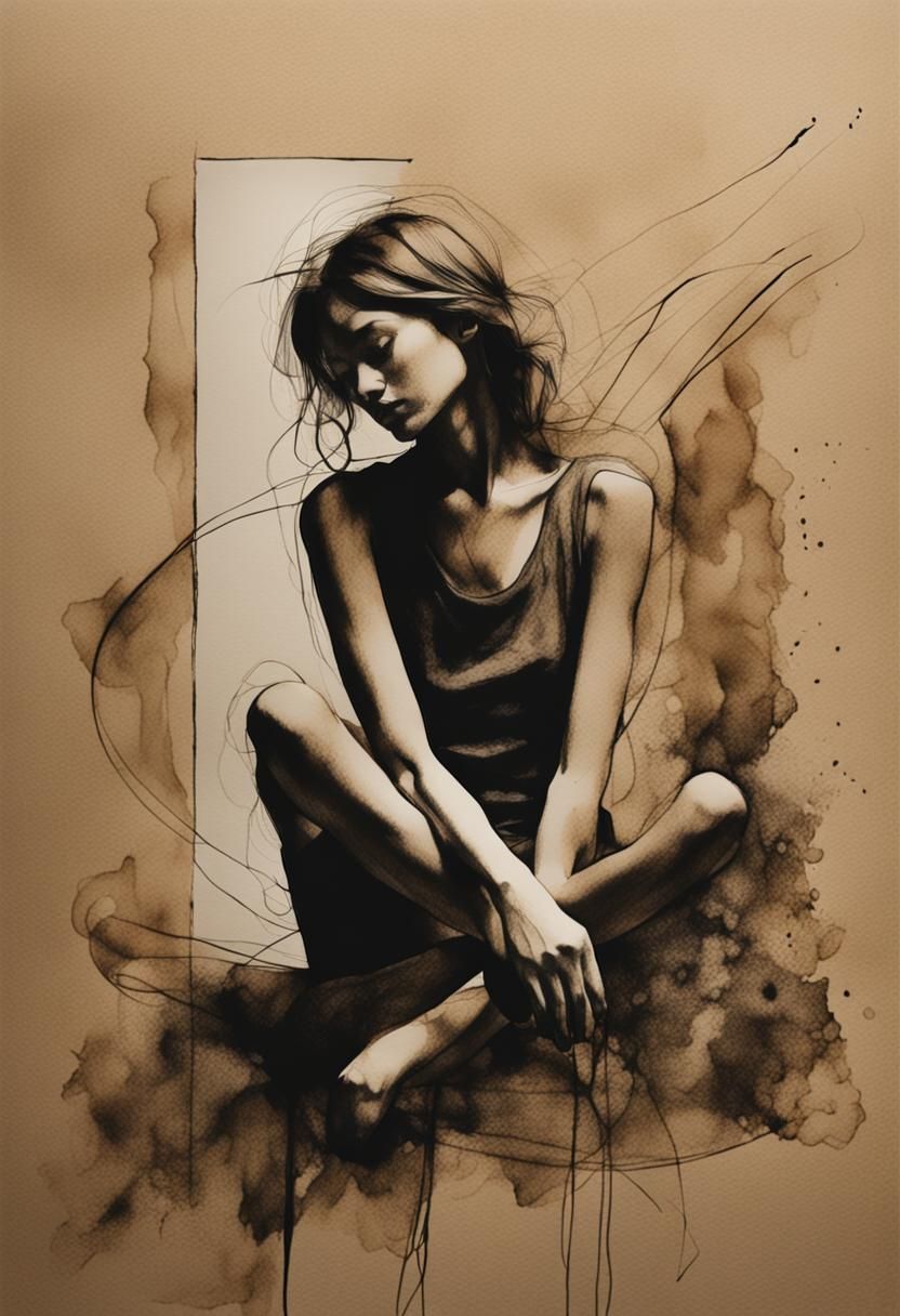 Minimalist Ink Drawing of a Pensive Woman