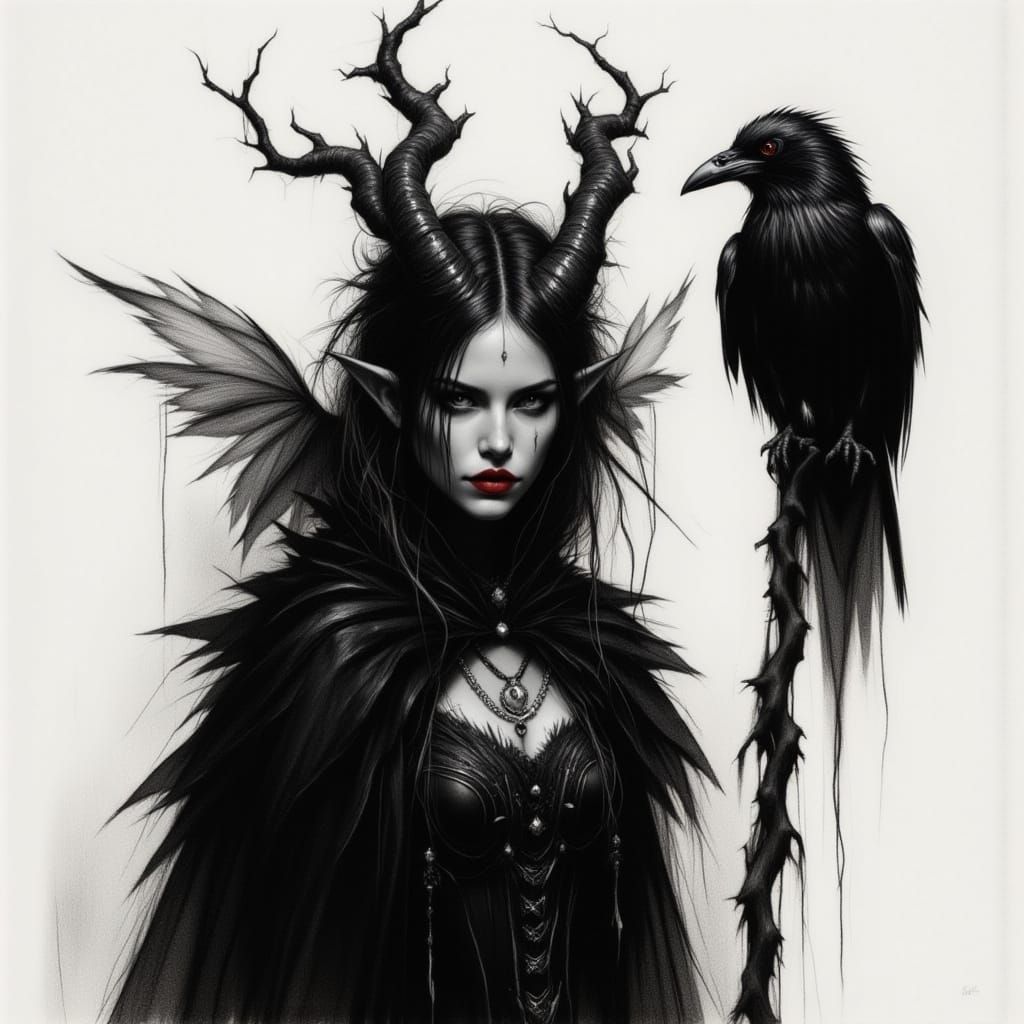 Dark Fairy Queen in Charcoal Illustration Style