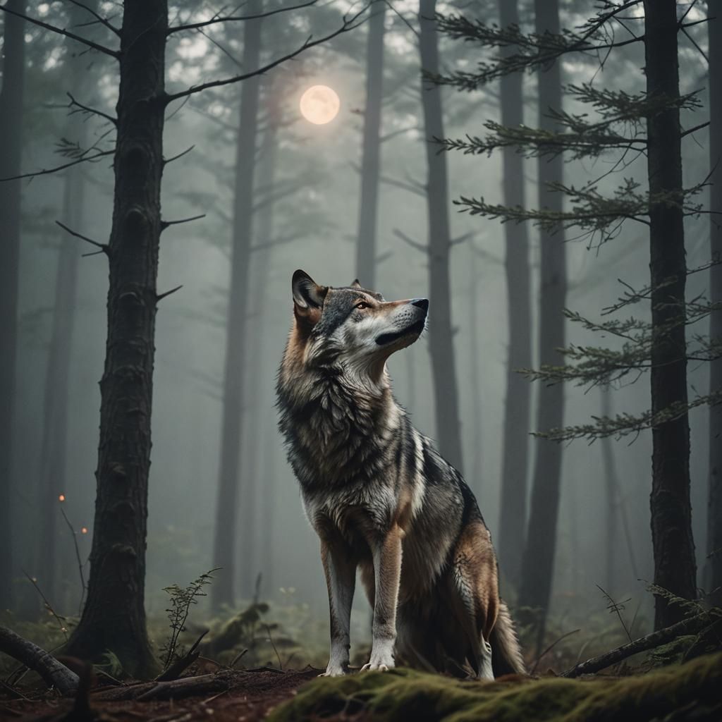 Wolf Howling in Misty Forest: Wildlife Photography