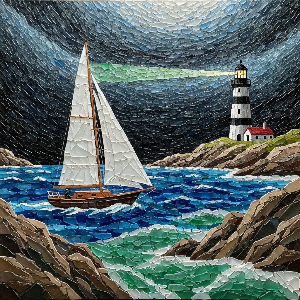 Sea Glass Mosaic of Boat in Stormy Sea with Lighthouse