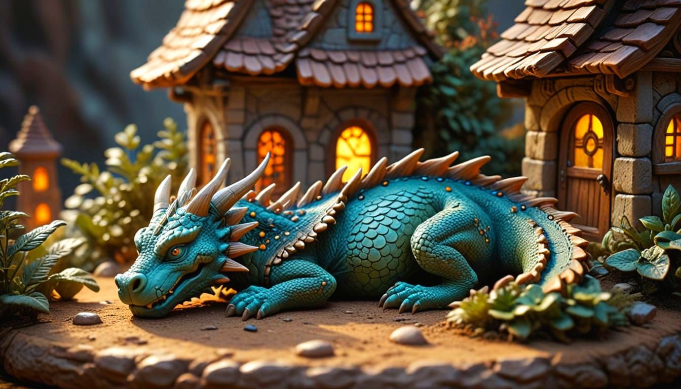 Charming Fantasy Clay Sculpture of a Sleeping Dragon