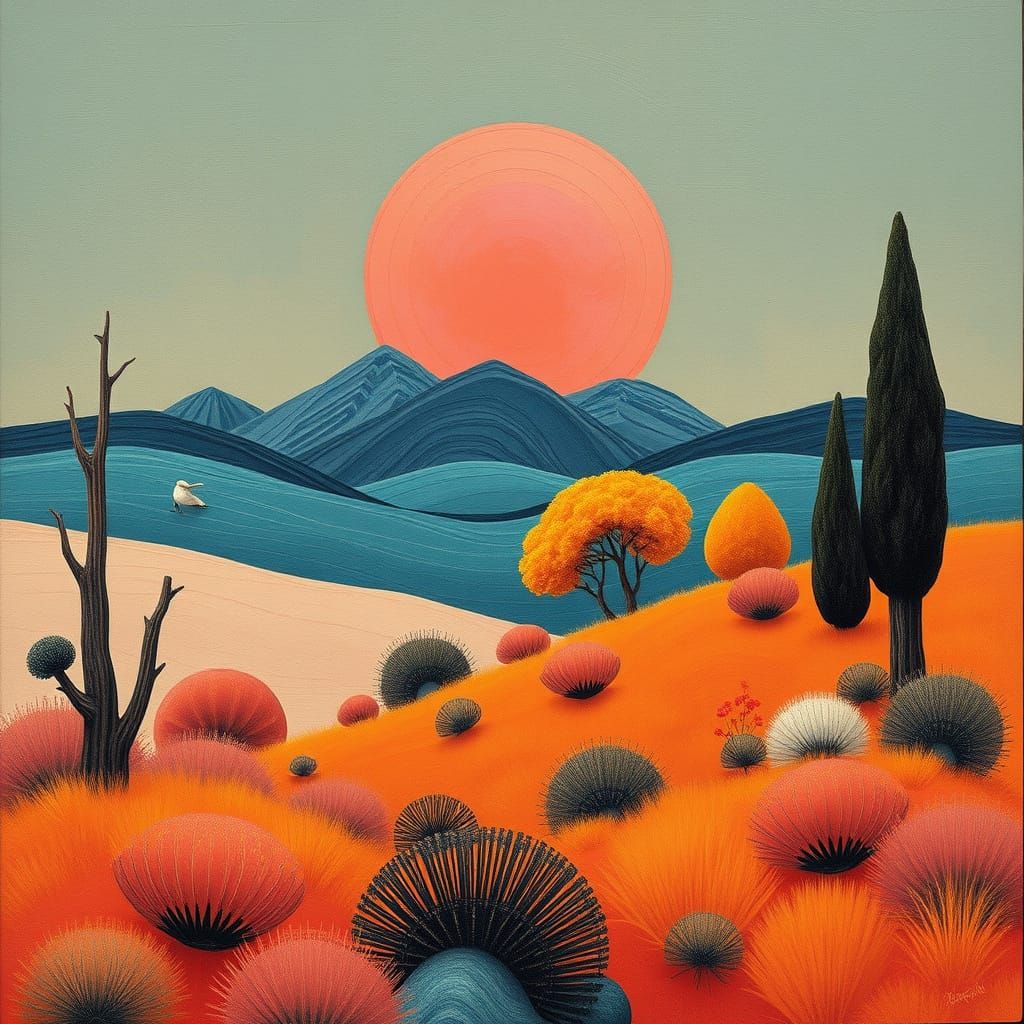 Eclectic Landscape in Orange and Pink Hues