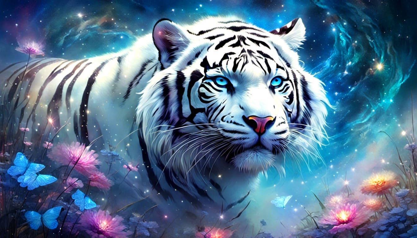 Bioluminescent White Tiger in Cosmic Fantasy World