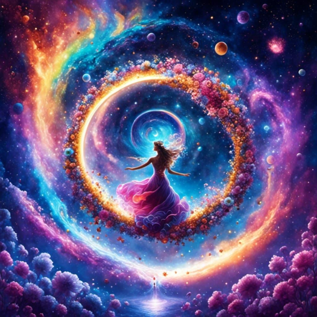 Harmonious Cosmic Energy Dance with Flowers and Fox