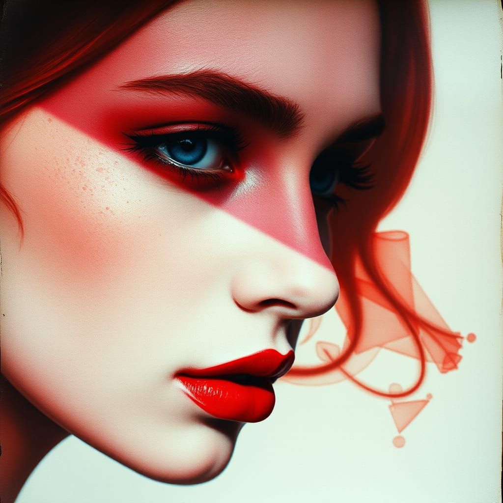 Ethereal Red Portrait in Distressed Ink Wash