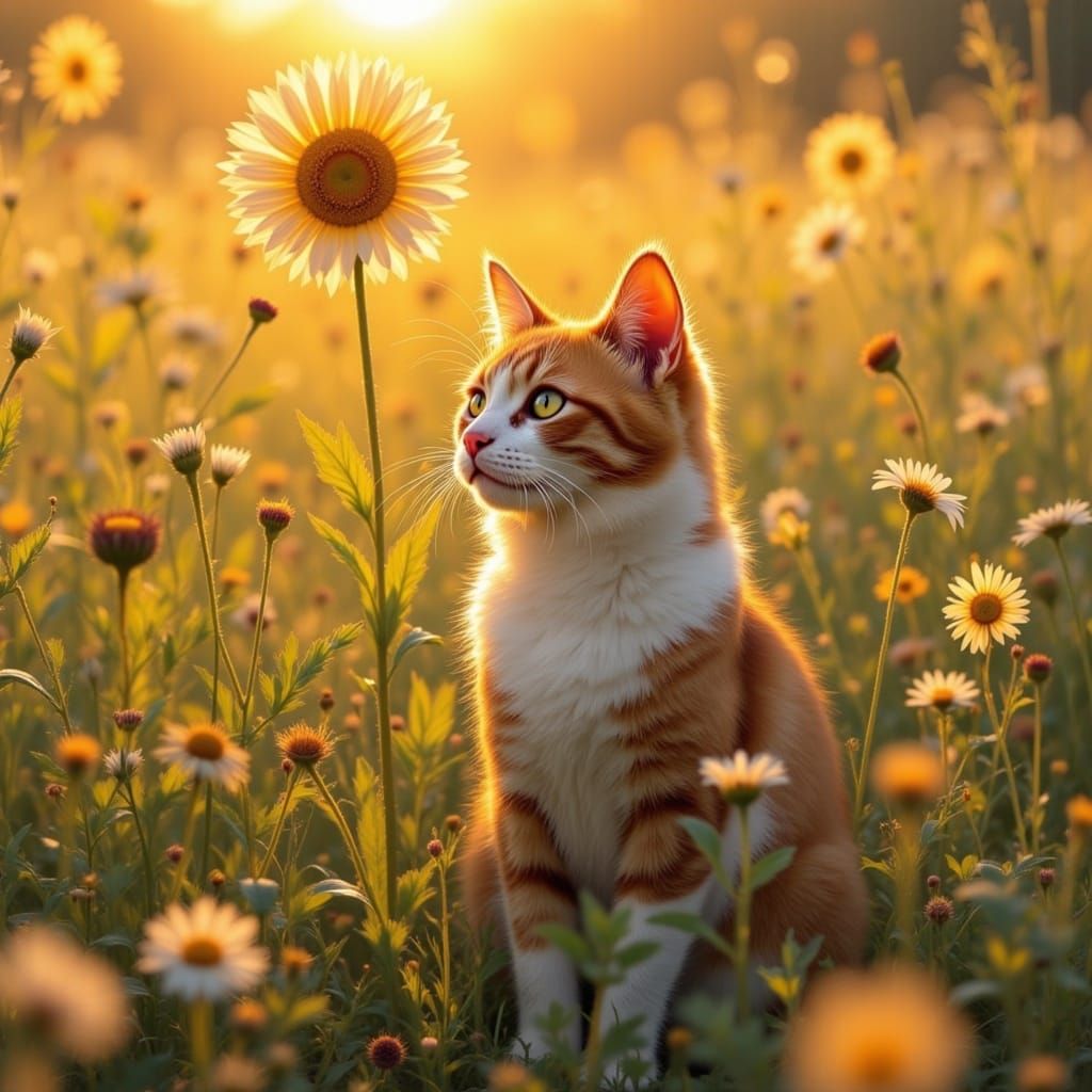 Adorable Cat in Golden Hour Light with Flowers