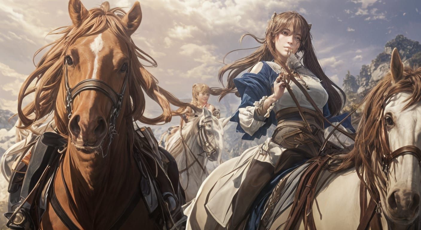 Anime Girls Ride Horses: Detailed Digital Portrait