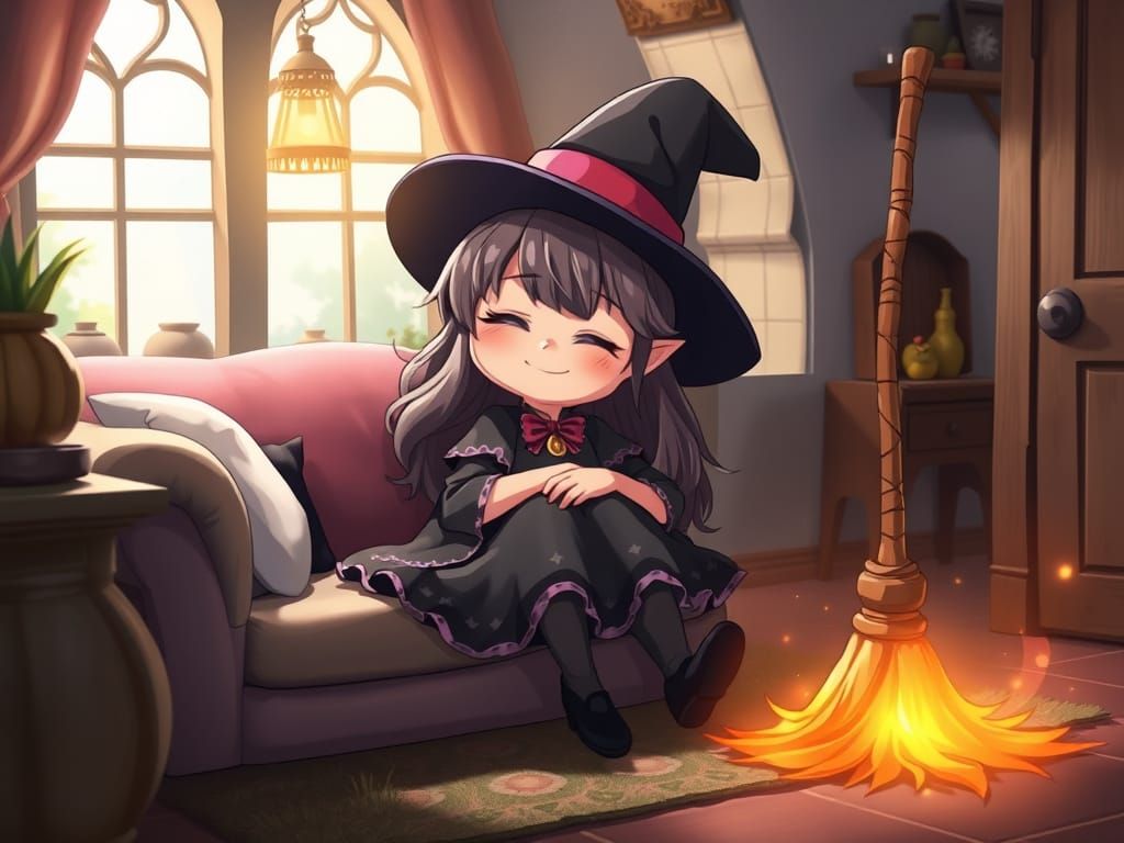 Cute Witch Sleeping While Broom Cleans Cottage in 3D Anime S...
