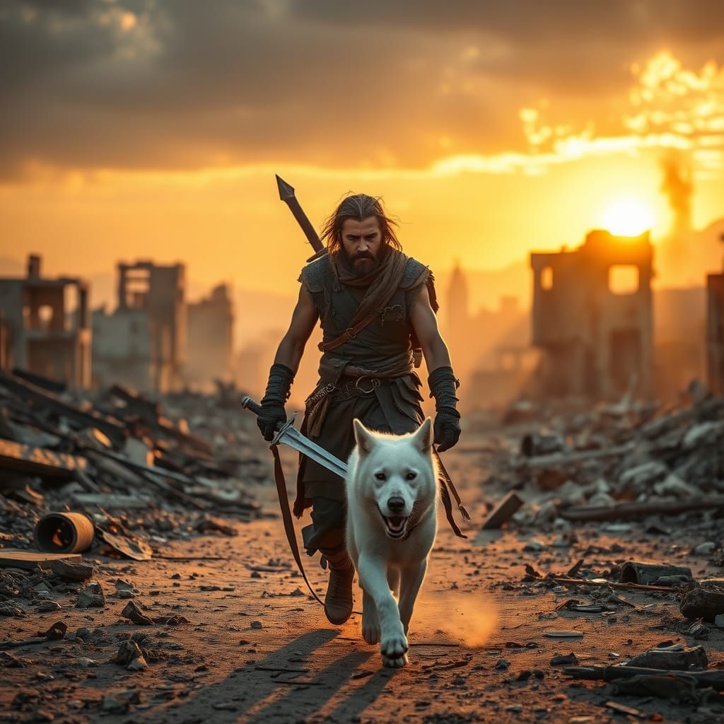 Nomadic Warrior Walks Through Ruins in a Golden Sunset