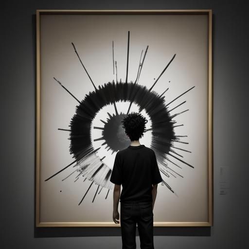 Boy Observes Museum Display in Charcoal Sketch Style