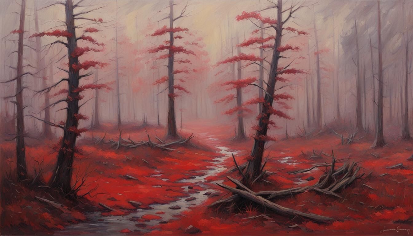 Red Forest in Red Fog as Oil Painting
