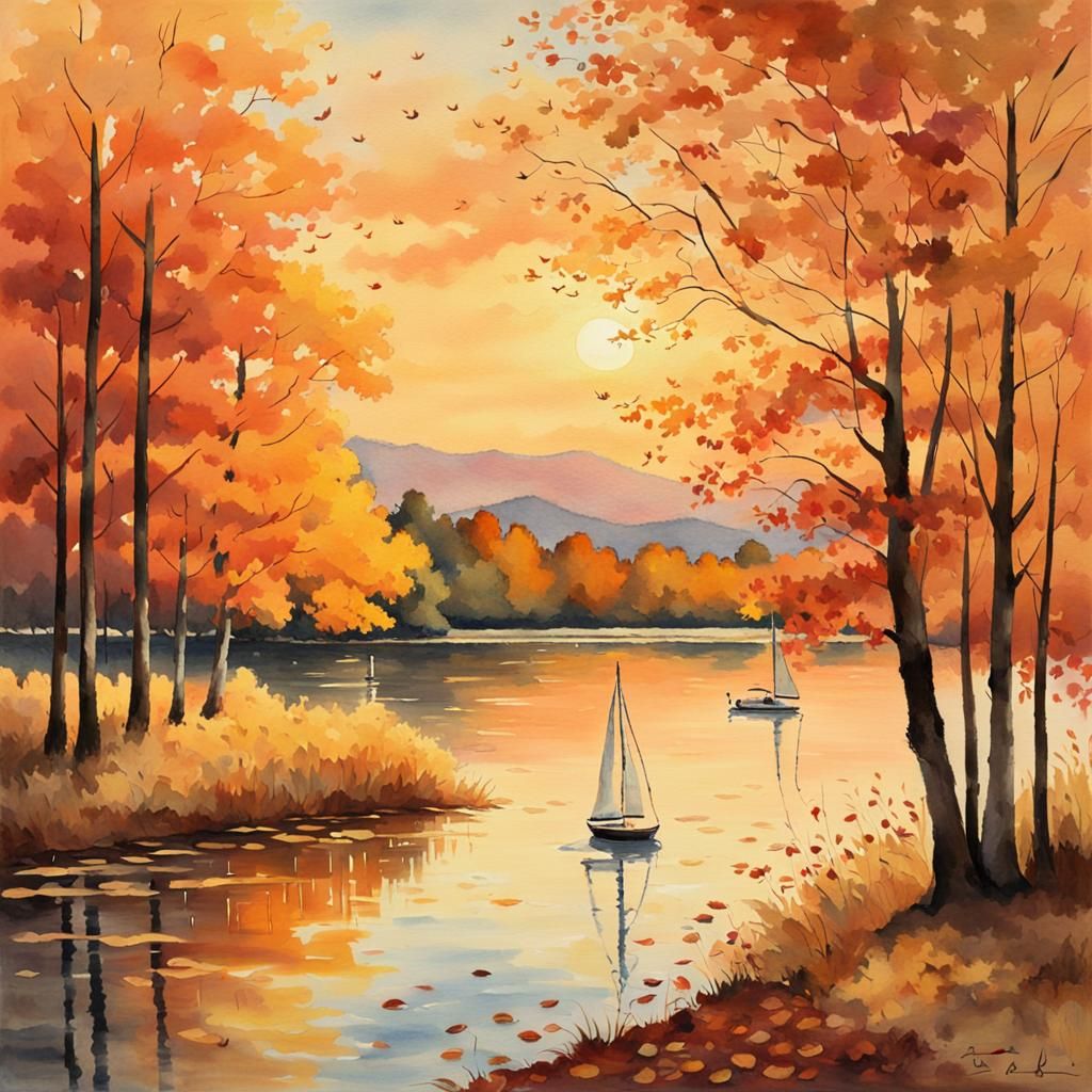 Autumn Lakeside Sunset in Watercolor Style