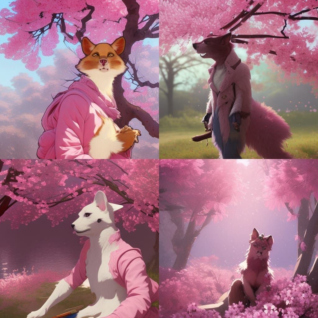 Pink Fursona and Cherry Blossoms in Volumetric Lighting