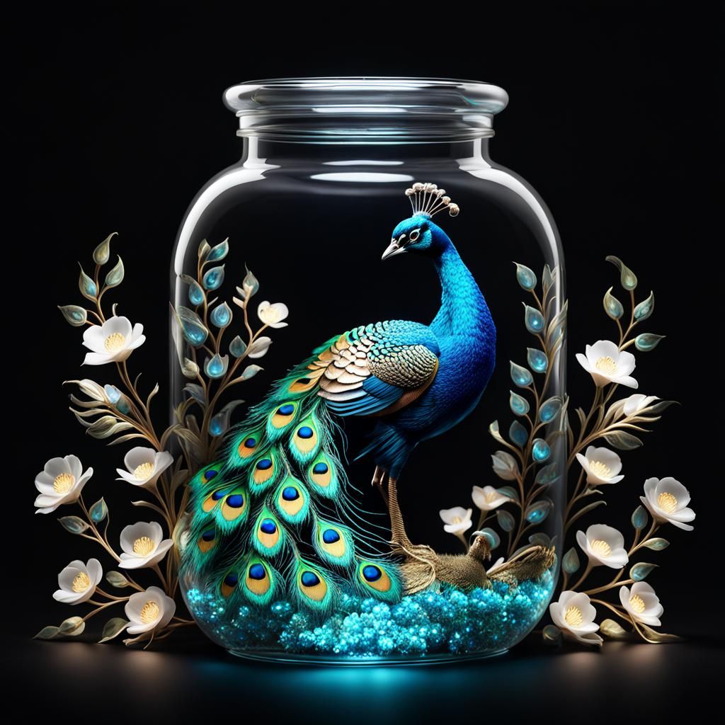Bioluminescent Peacock in Detailed Fantasy Jar