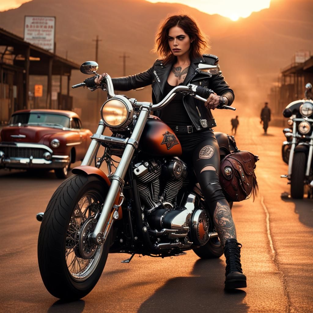 Kitten Bandit on Harley at Sunset: Digital Painting