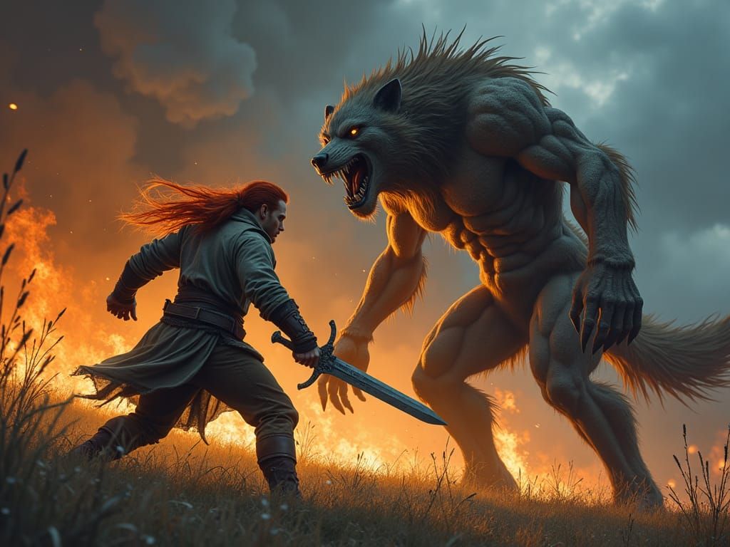 Fiery Hero Battles Colossal Beast Amidst Burning Barn