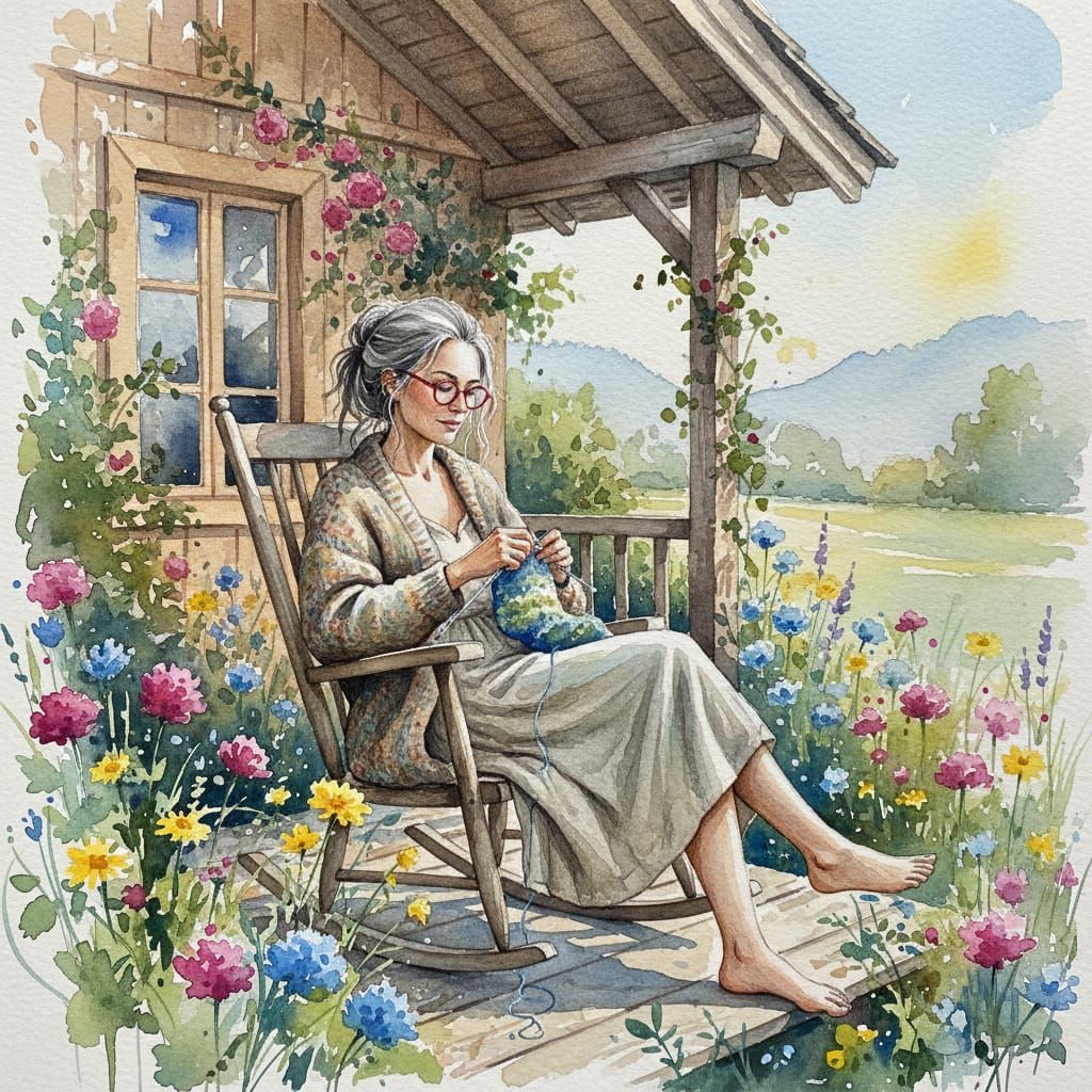 Woman Knitting in Wildflower Garden as Watercolor Painting