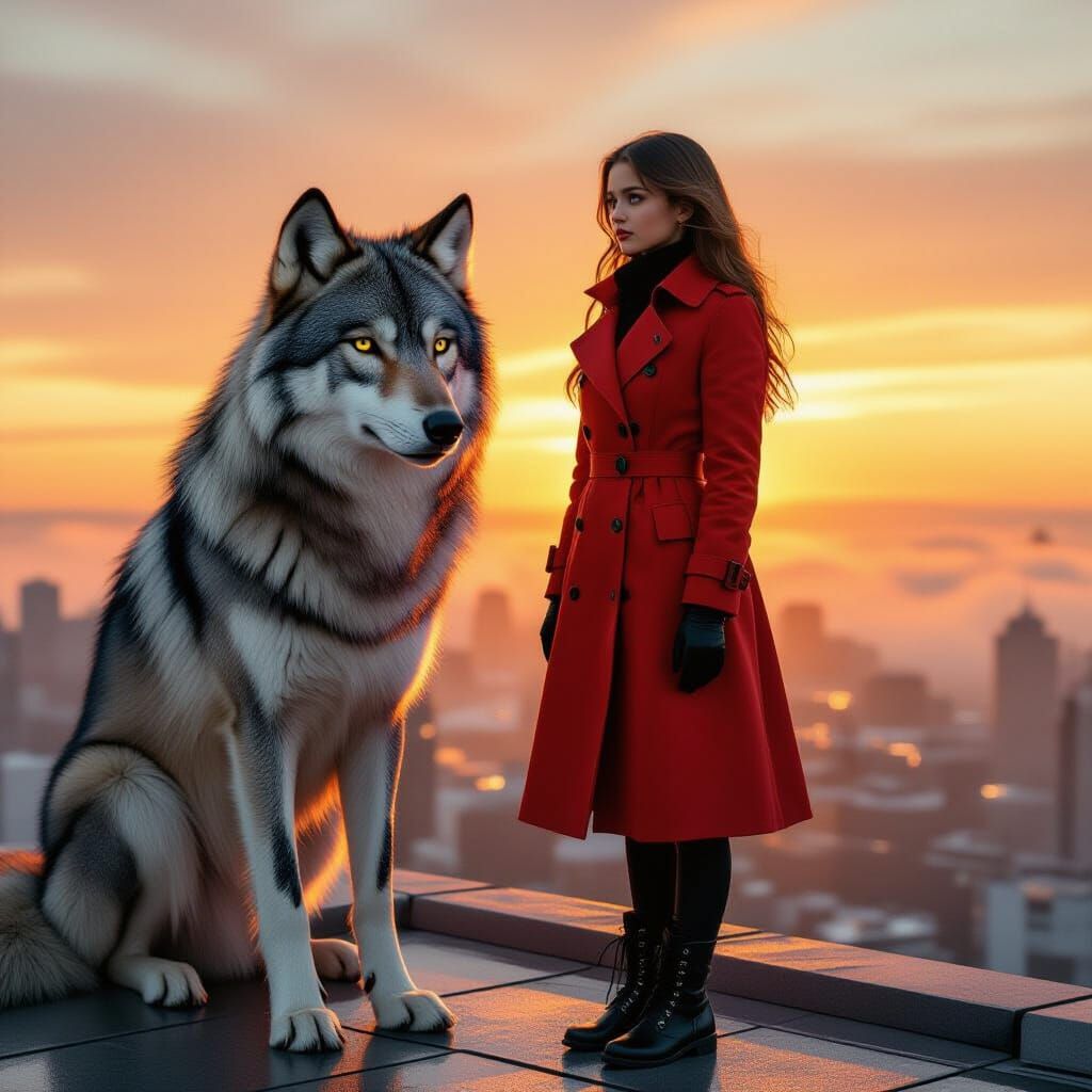 Rooftop Sunrise with Girl and Silver Wolf