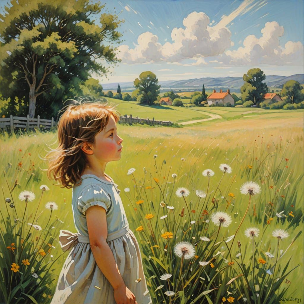 Child with Dandelion in Impressionist Meadow