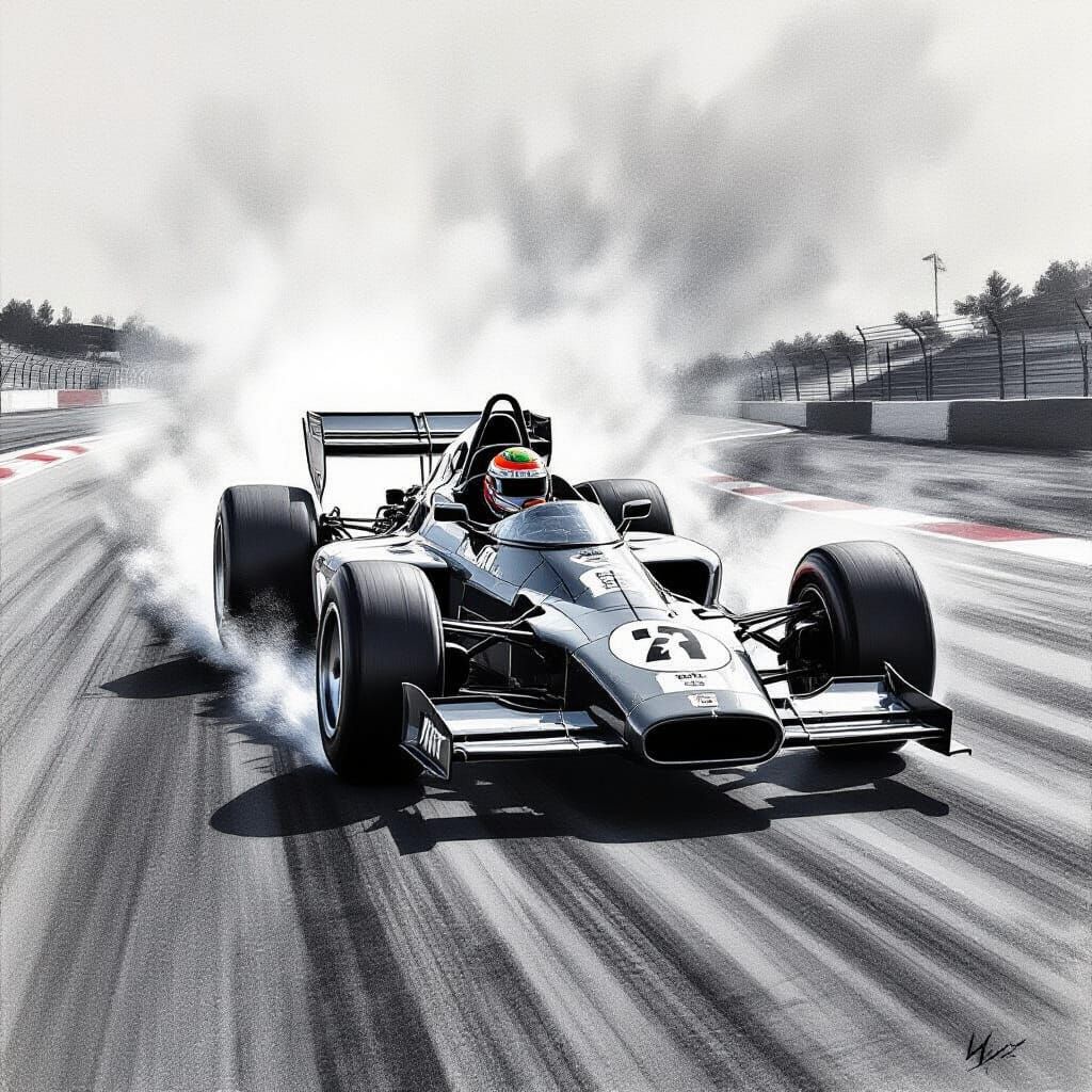 Vintage F1 Race Car in Hyperdetailed Charcoal Drawing