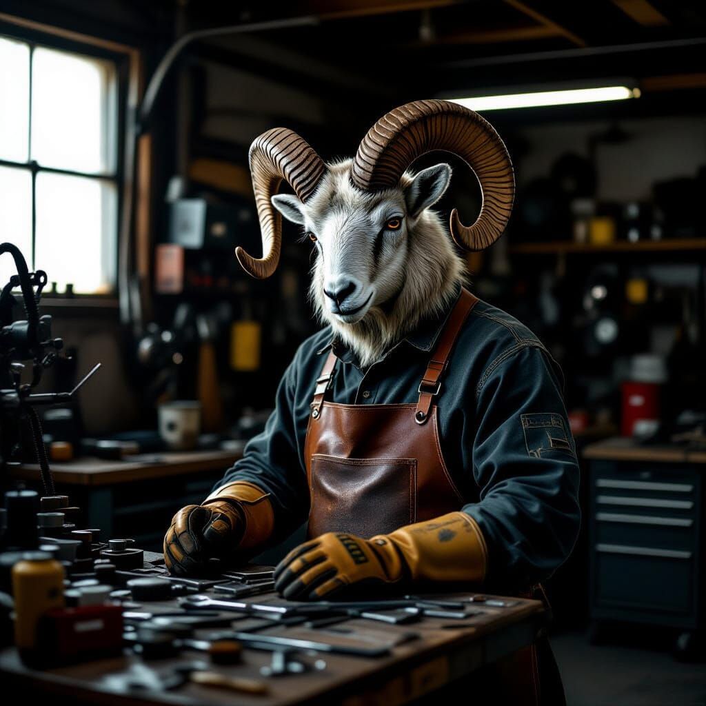 Mouflon Mechanic in Dimly Lit Garage: Film Aesthetic