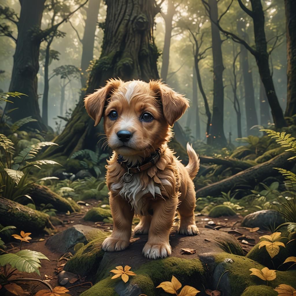 Tan Puppy in Forest: Detailed Fantasy Art