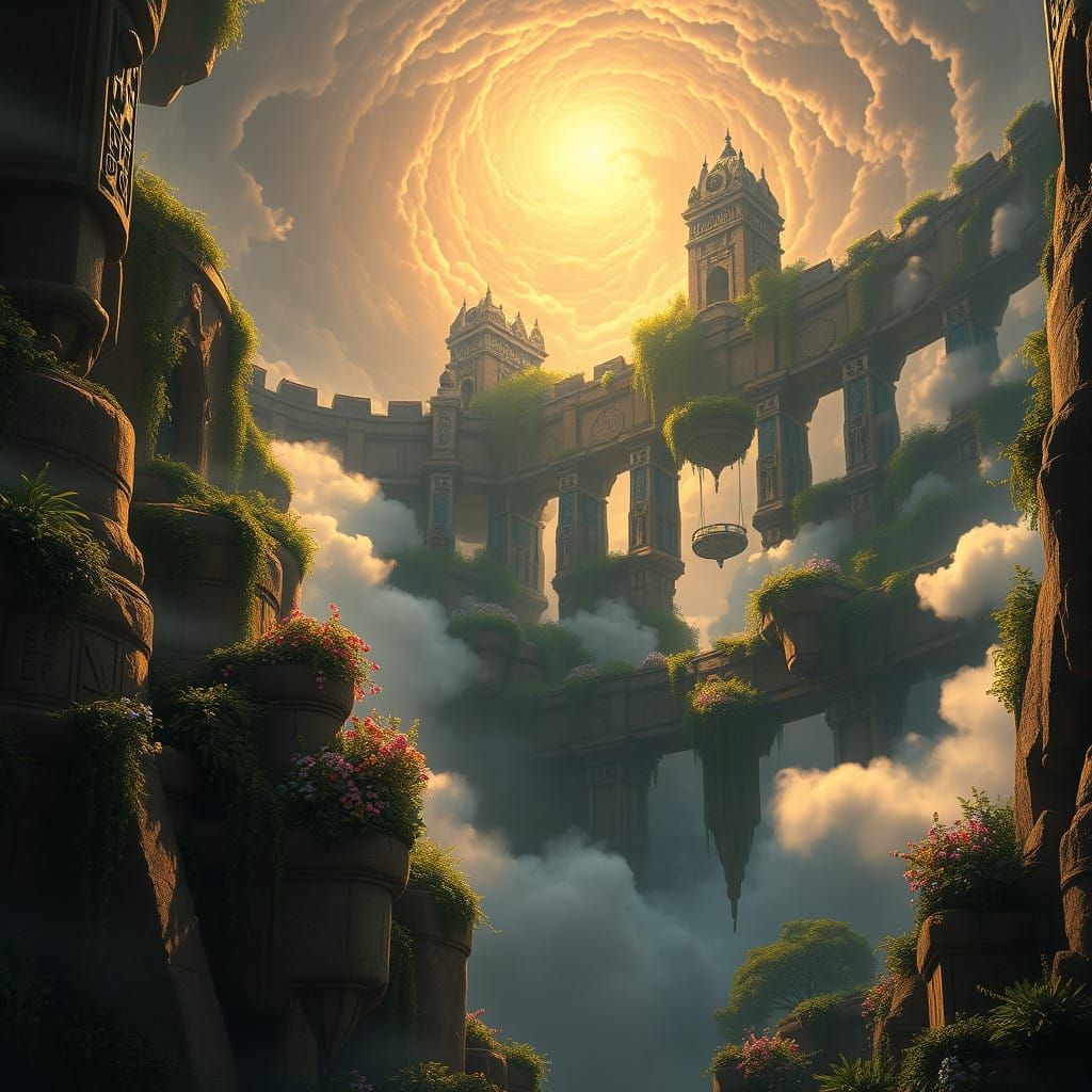 Ethereal Hanging Gardens of Babylon Fantasy Realm