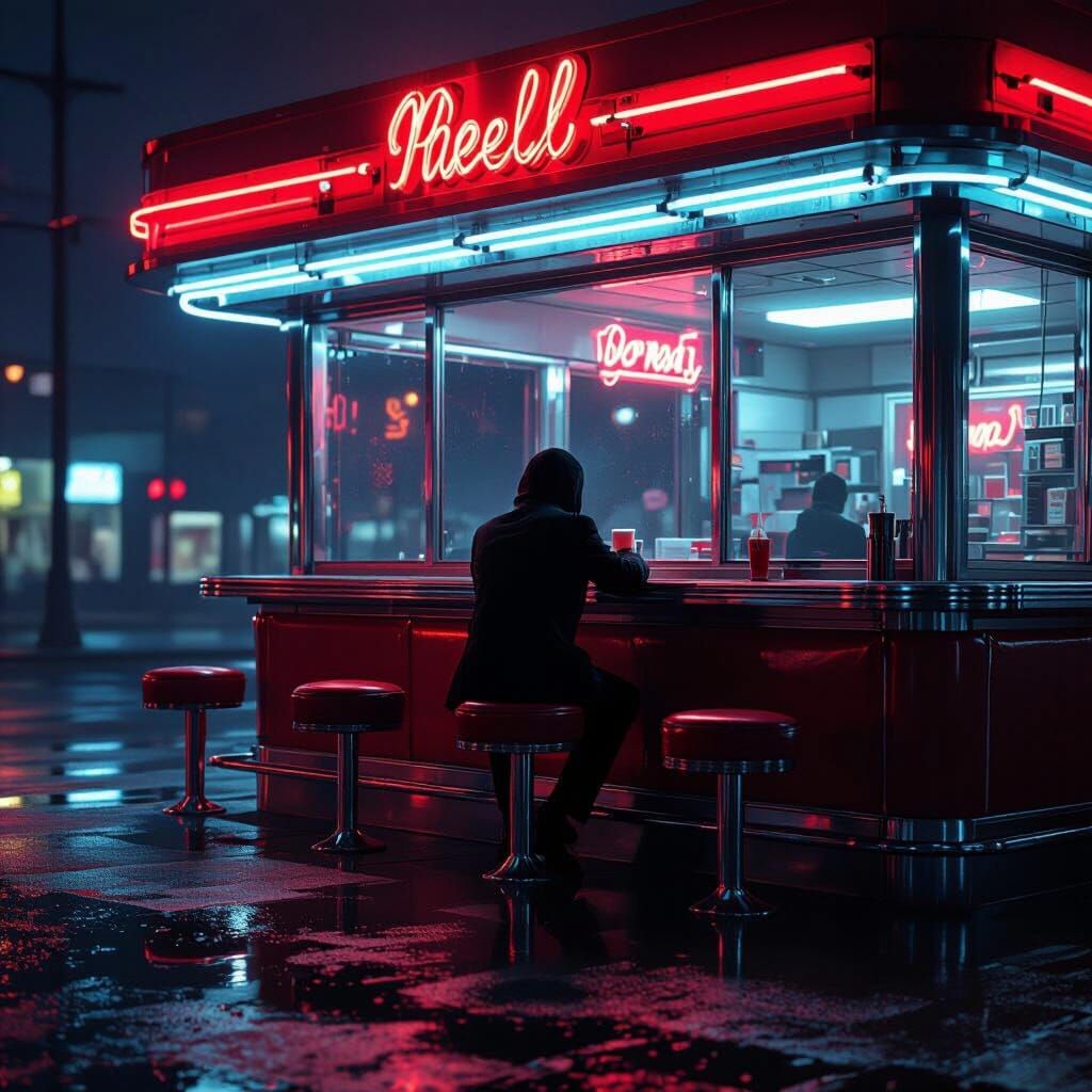 Midnight Diner Scene with Neon Glow and Lone Figure