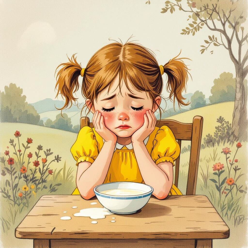 Girl Crying Over Spilled Milk in Storybook Style