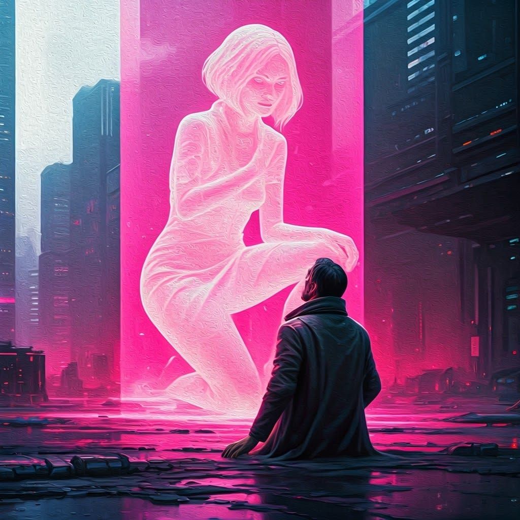 Surreal Cyberpunk Goddess Interacts with Wounded Hero amidst...