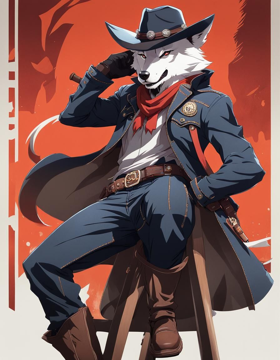 Fierce Anime Wolf Cowboy in Full Body Pose