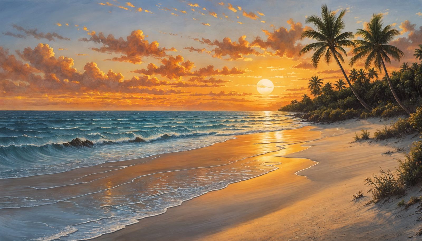 Surreal Seaside Landscape in Warm Sunset Hues