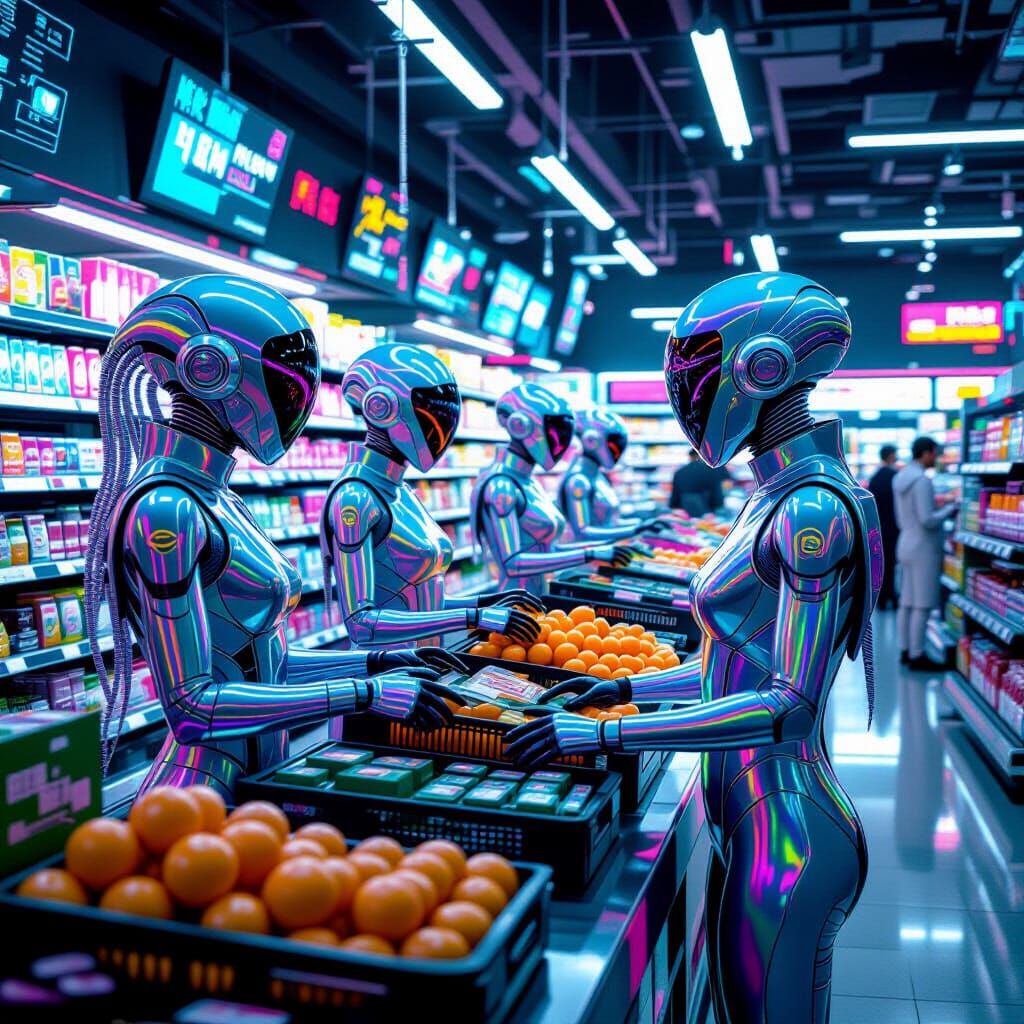 Alien Supermarket: Cyberpunk Cashiers Serve Tentacled Custom...