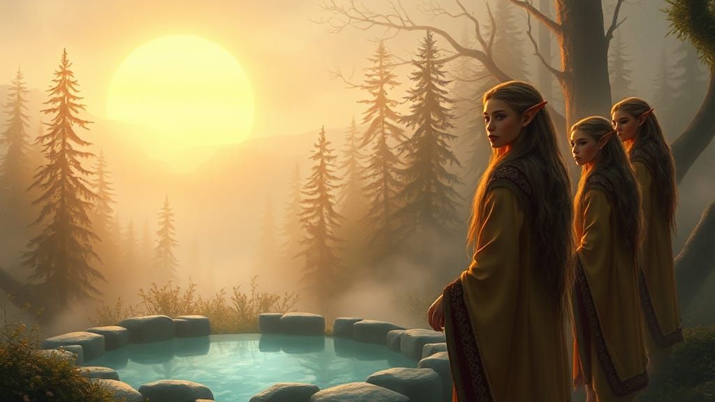 Elves Gather at Dawn in Mystical Forest
