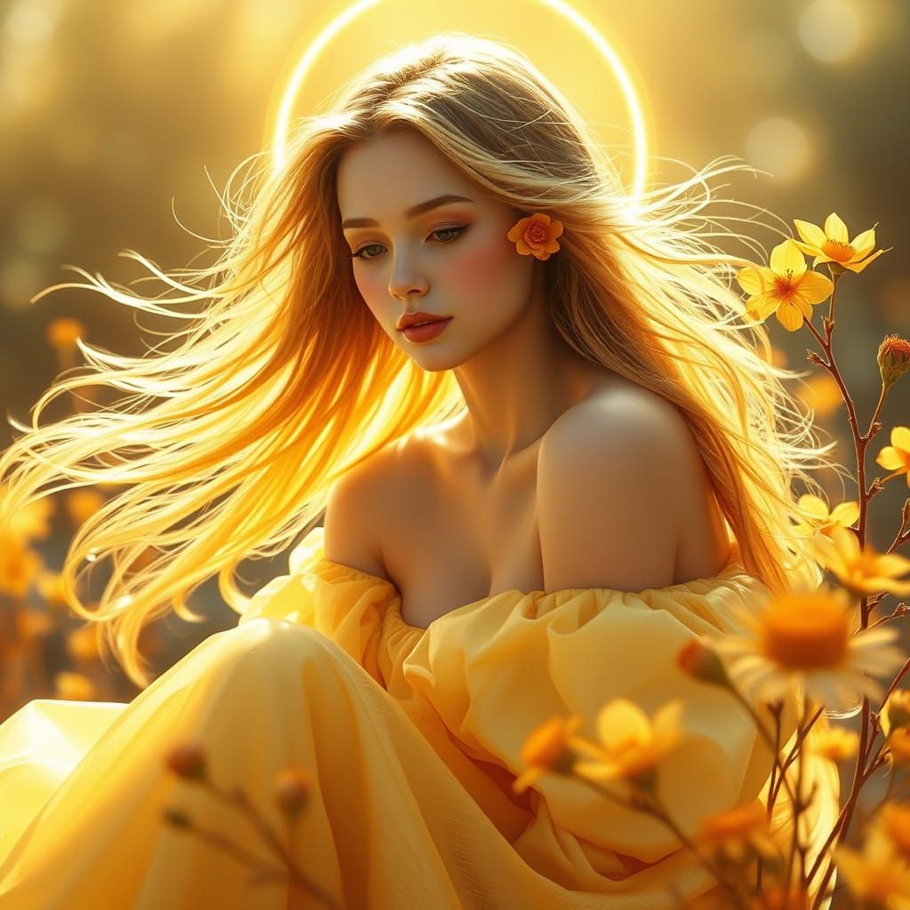 an ethereal young woman bathed in a t halo,  She sits in gen...