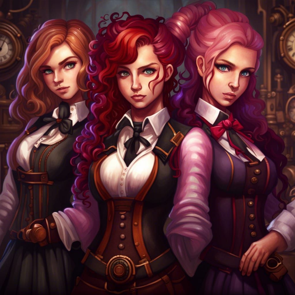Steampunk Schoolgirls Posing in Uniforms
