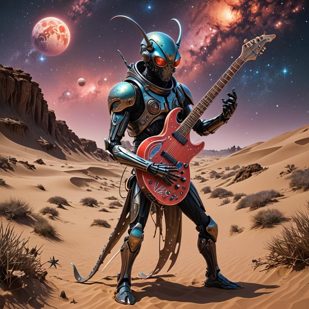 Metallic Bug Guitar in Alien Desert Landscape