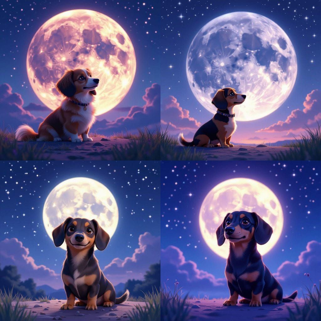 Cute Dachshund Under Starry Purple Night Sky with Full Moon
