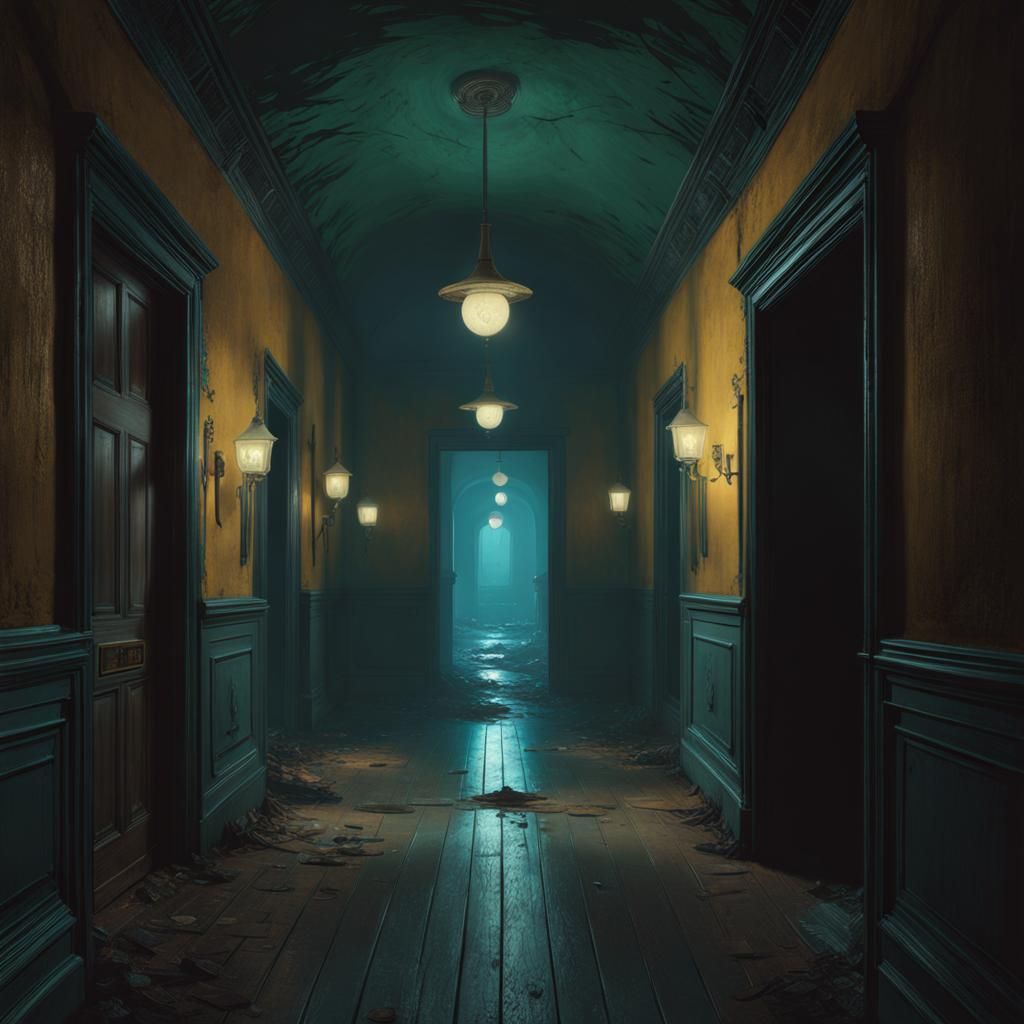 Sinister Abandoned Hallways by Rutkowski, Doré, and Beksińsk...