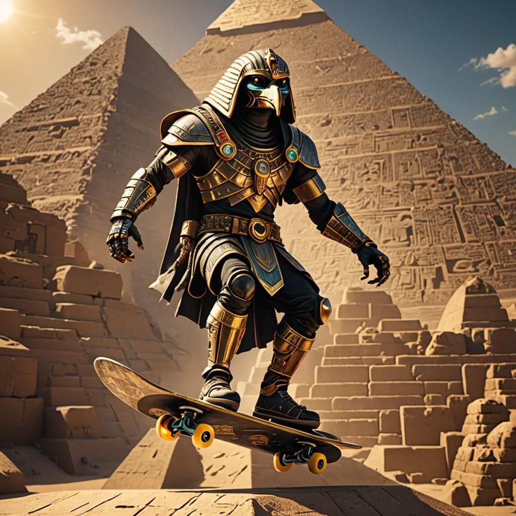 Horus Skateboarding on Pyramid with Dynamic Lighting
