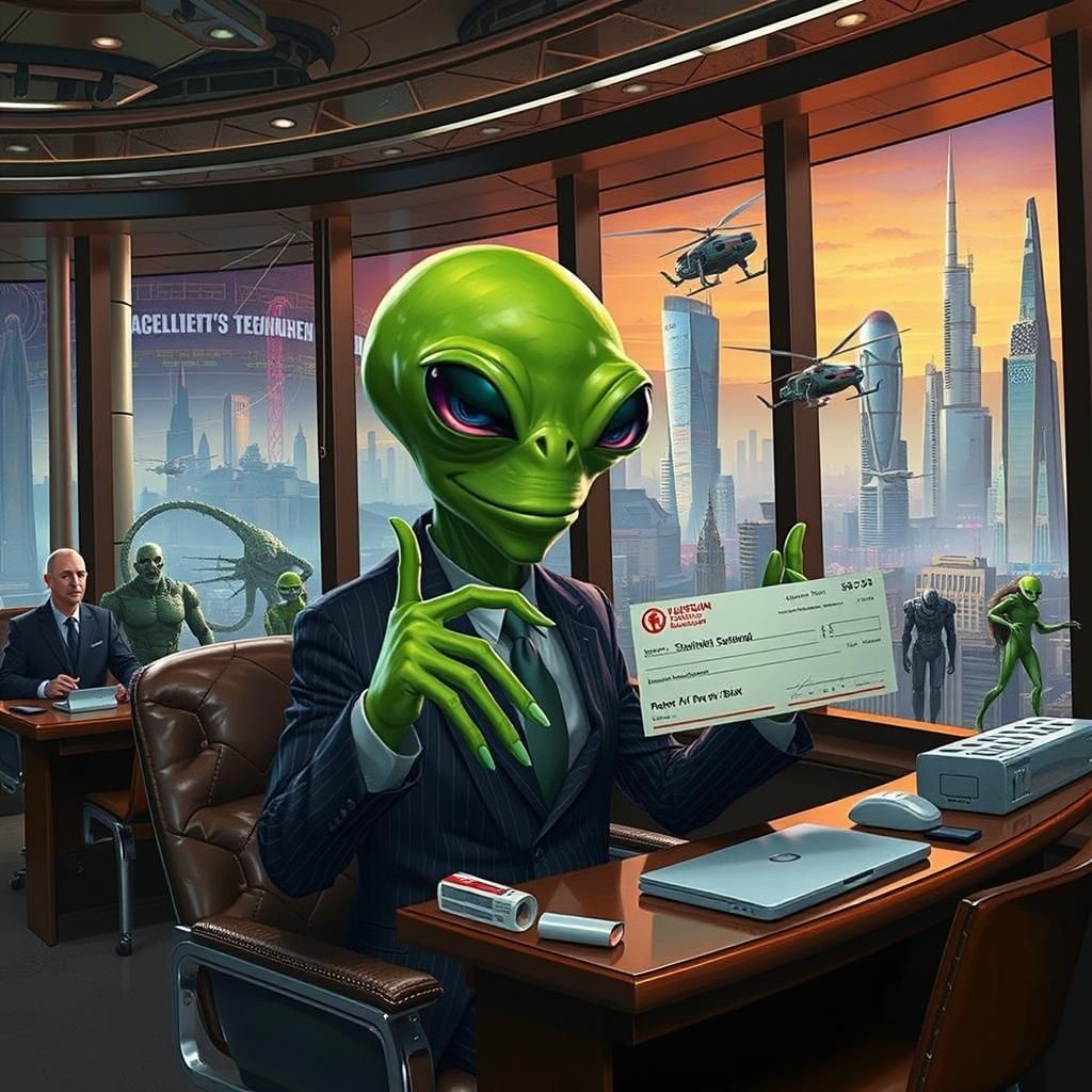 Alien Banker in Futuristic Cityscape: Sci-Fi Art