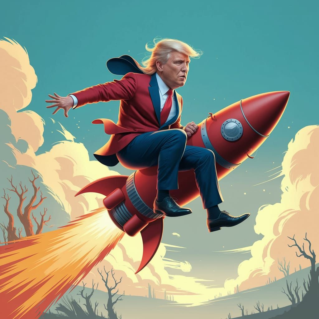 Donald Trump Rides a Rocket Through Wasteland