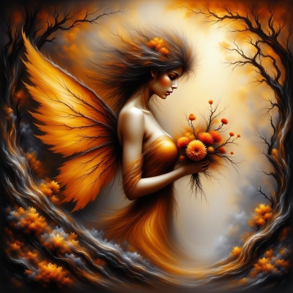 Autumn Fairy in Whimsical Forest, Mixed-Media Style