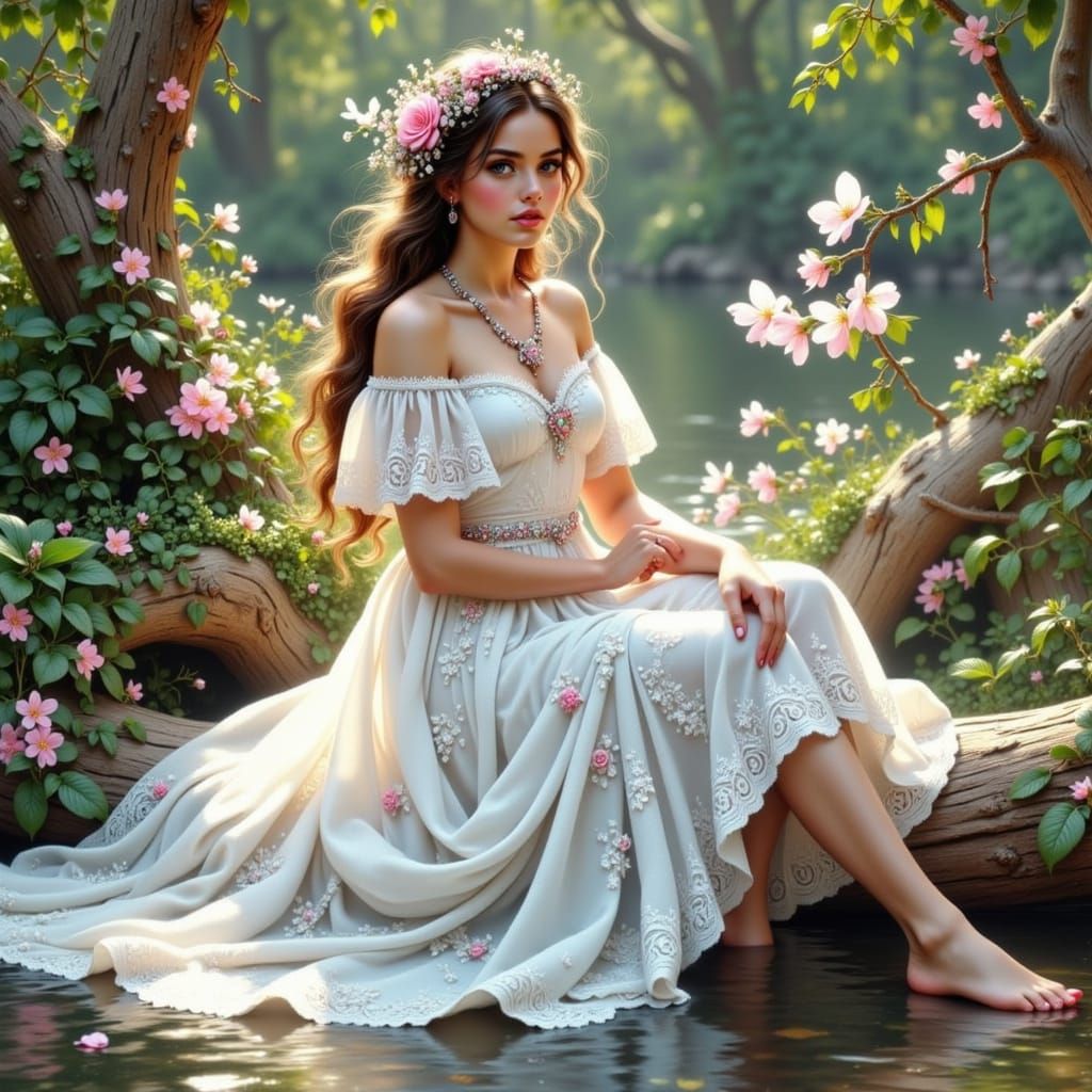 Elsa Embraces Swan in Art Nouveau Style