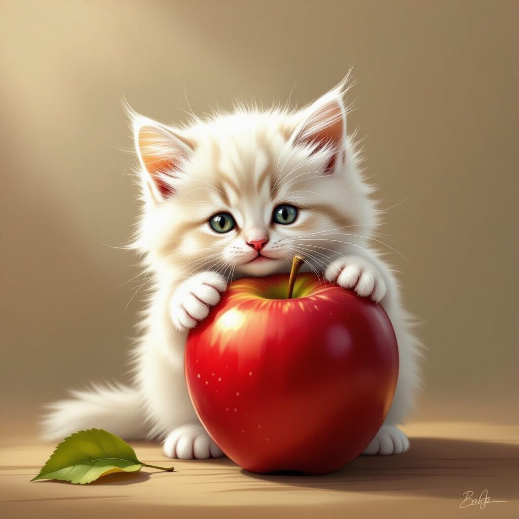 Fluffy Kitten Peeking From Behind Red Apple