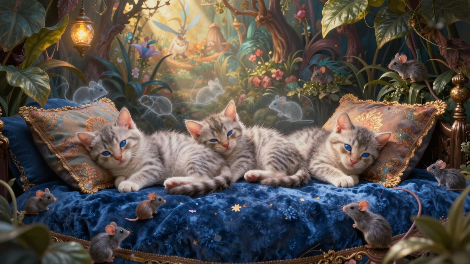 Fluffy Kittens Dream of Mice on Velvet Bed