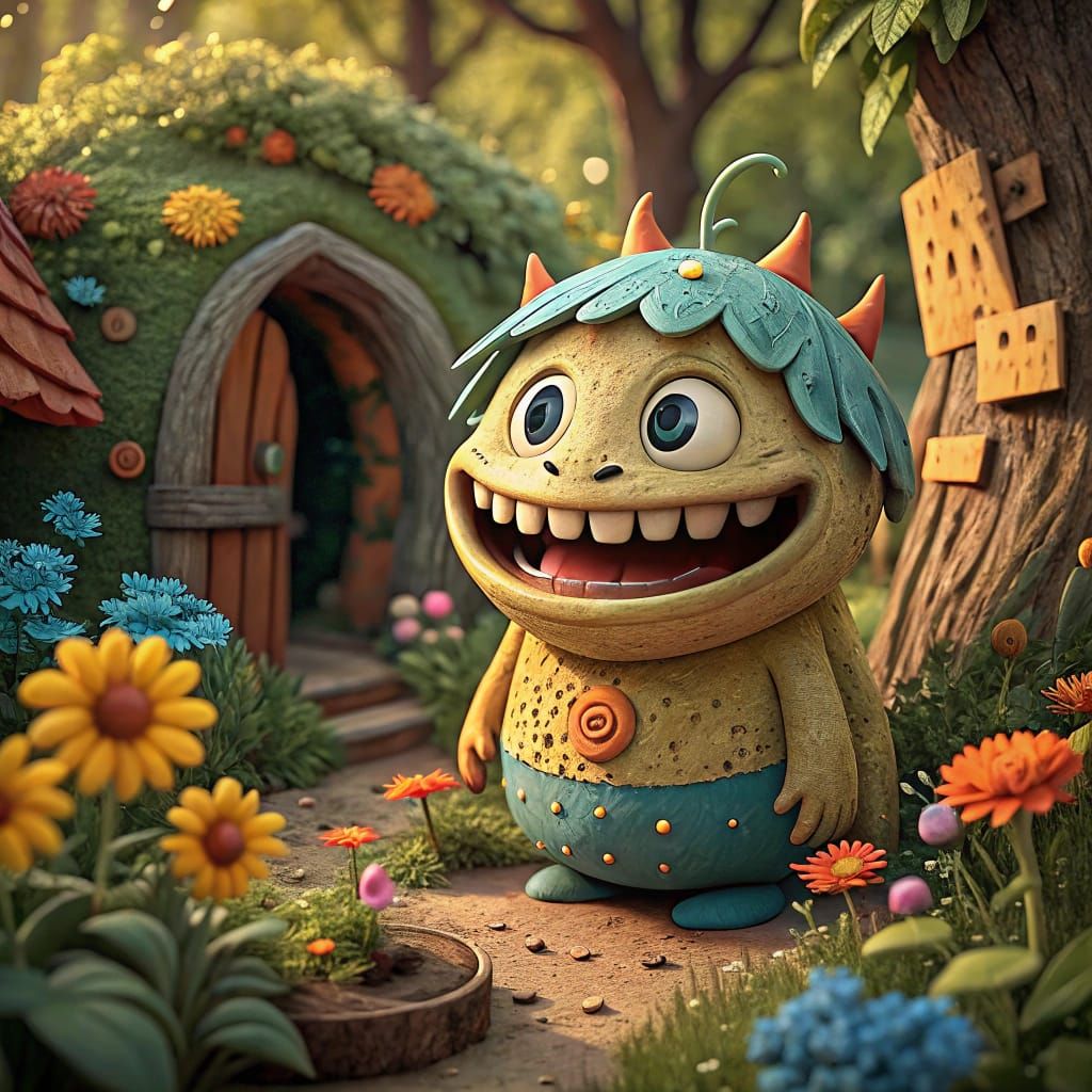 Whimsical Claymation Character in a Lush Garden