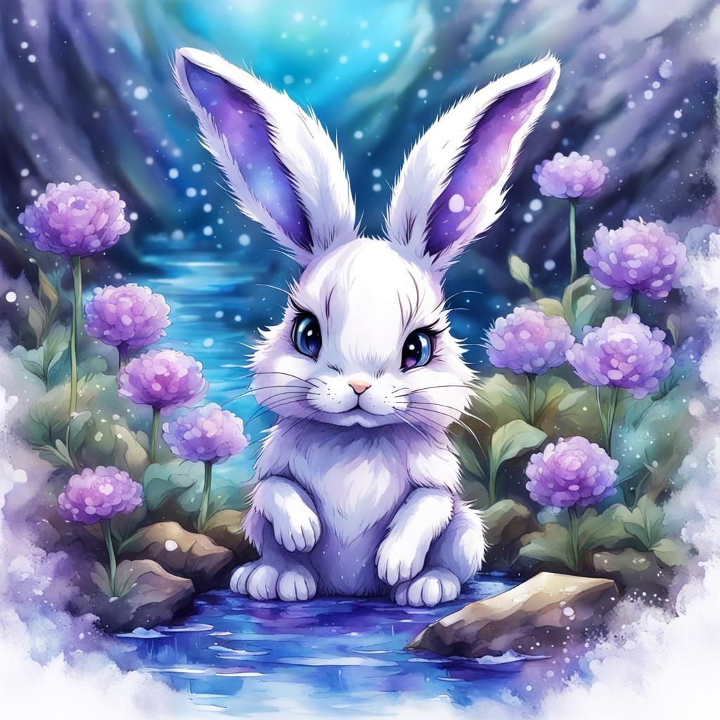 Anime Bunny with Magical Flowers in Watercolor