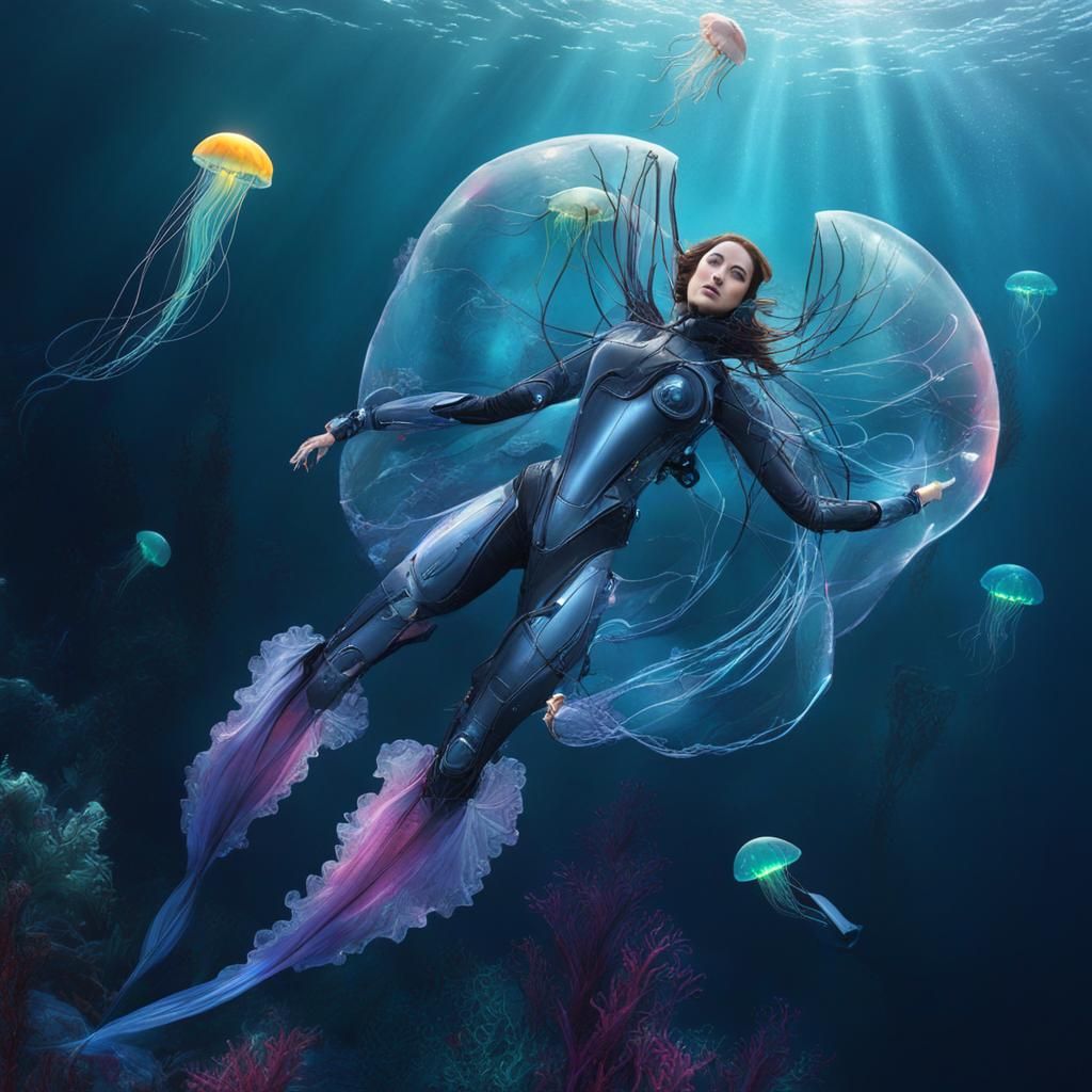 Transparent Girl Battles Robot Jellyfish Underwater