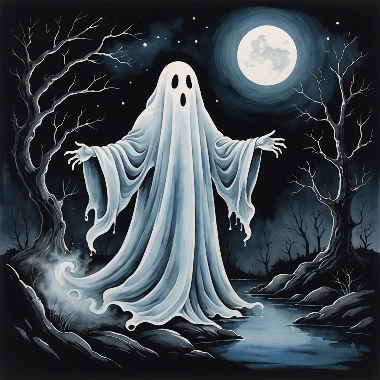 Friendly Ghost Wandering at Night in Liquid Ink